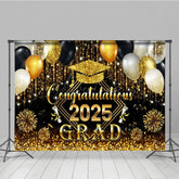 Aperturee - Aperturee Black Gold Balloons Glorious Congrats Grad Backdrop